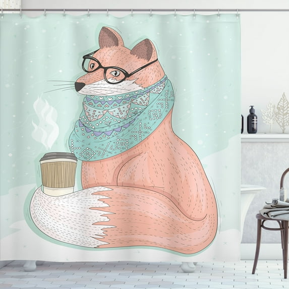 Ambesonne Animal Shower Curtain, Hipster Fox Glasses, 69"Wx84"L, Coral Mint Green