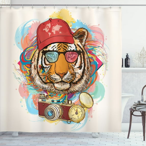 Ambesonne Animal Shower Curtain, Hipster Tiger Sunglasses, 69"Wx84"L, Multicolor
