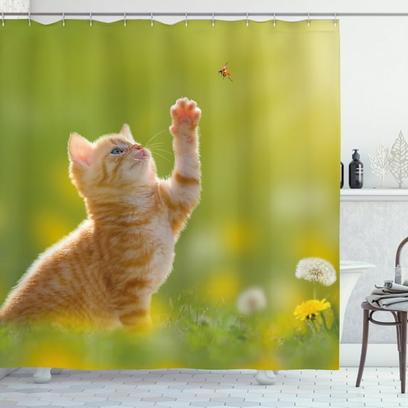Ambesonne Animal Shower Curtain, Ladybug Cats Dandelions, 69"Wx70"L, Earth Yellow Pale Green