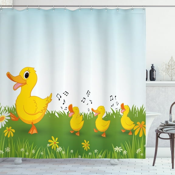 Ambesonne Animal Shower Curtain, Mother Duck and, 69"Wx84"L, Pale Blue Mustard