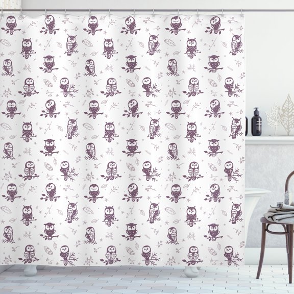 Ambesonne Animal Shower Curtain, Owls on the Branch, 69"Wx70"L, Eggplant and White