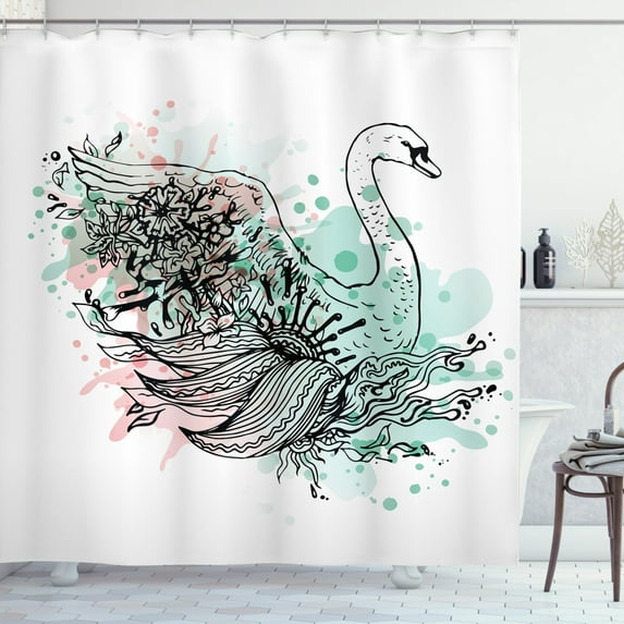 Ambesonne Animal Shower Curtain, Sketchy Swan Watercolors, 69"Wx75"L, Mint Green Pale Pink