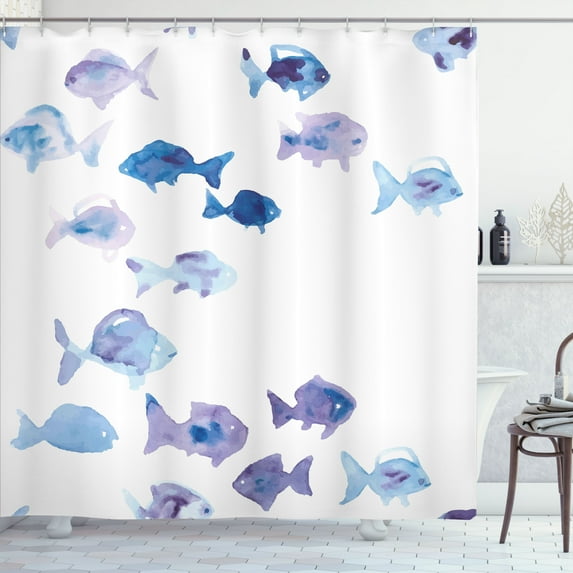 Ambesonne Animal Shower Curtain, Watercolor Fishes, 69"Wx84"L, Pale Blue Mauve Blue