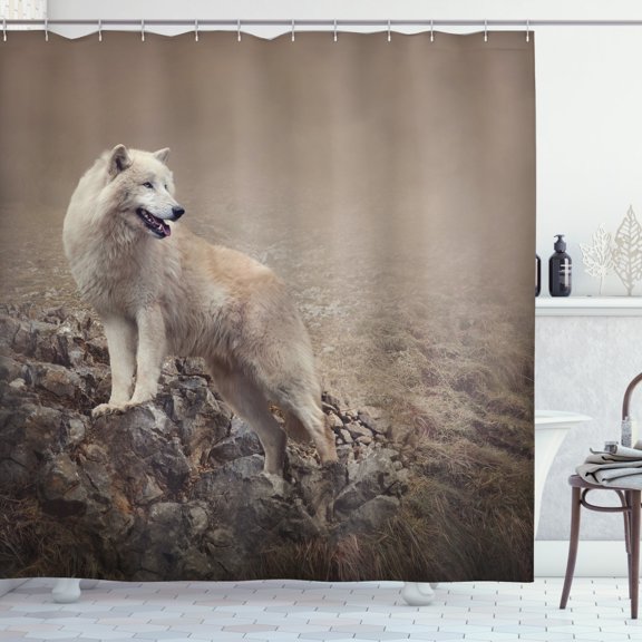 Ambesonne Animal Shower Curtain, White Wolf on the Rocks, 69"Wx75"L, Warm Taupe