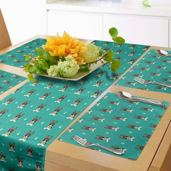 Ambesonne Animal Table Runner & Placemats, Basenji Funny Puppy Dogs, Placemat 4 pcs + Runner 16"x72", Dark Seafoam Brown Grey