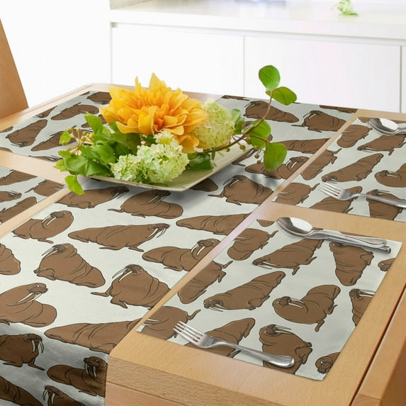 Ambesonne Animal Table Runner & Placemats, Cartoon Walrus Illustration, Placemat 4 pcs + Runner 16"x90", Caramel and Eggshell