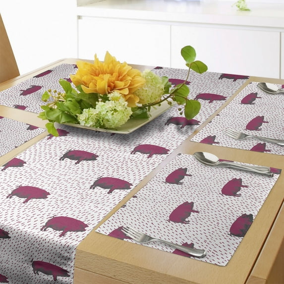 Ambesonne Animal Table Runner & Placemats, Domestic Swine Pig Sketch, Placemat 4 pcs + Runner 14"x72", Dark Magenta and Taupe