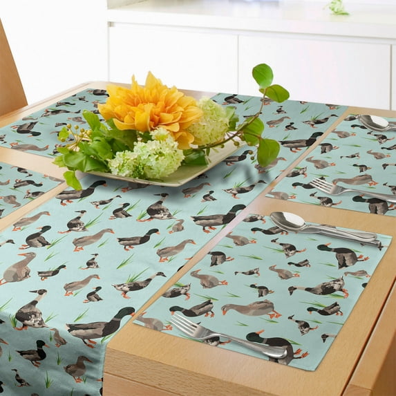Ambesonne Animal Table Runner & Placemats, Duck Pattern Grass Herbs, Placemat 4 pcs + Runner 16"x72", Mint Green and Warm Taupe