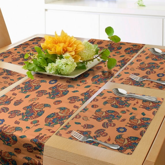 Ambesonne Animal Table Runner & Placemats, Ethnic Motif Squirrel Floral, Placemat 4 pcs + Runner 12"x72", Dark Peach Multicolor
