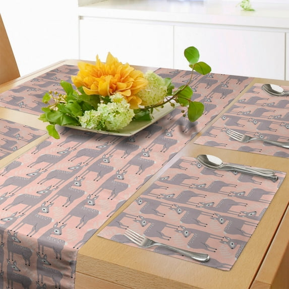 Ambesonne Animal Table Runner & Placemats, Forest Deer Along Branches, Placemat 4 pcs + Runner 16"x72", Purple Grey Coral
