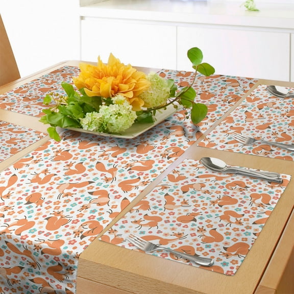 Ambesonne Animal Table Runner & Placemats, Squirrels Colorful Flowers, Placemat 4 pcs + Runner 16"x72", Pale Orange Pale Blue