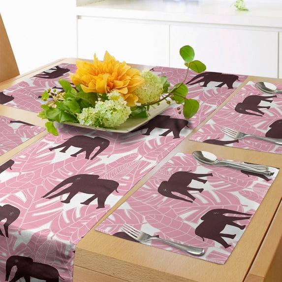Ambesonne Animal Table Runner & Placemats, Tropical Palm Leaf Africa, Placemat 4 pcs + Runner 14"x72", Pastel Pink Dark Fuchsia