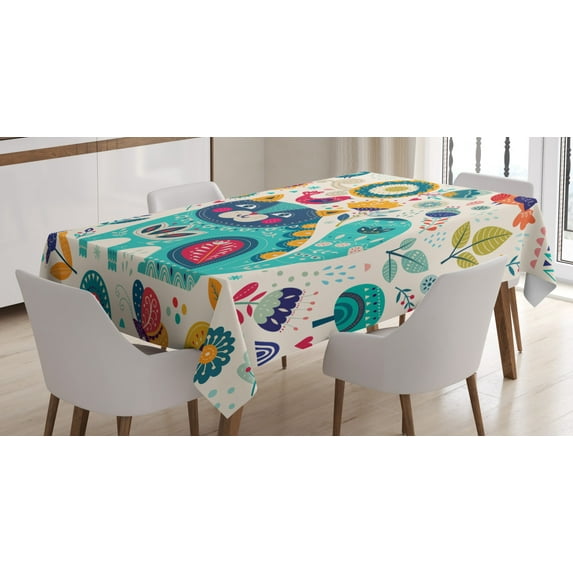 Ambesonne Animal Tablecloth Rectangular Table Cover, Cat with Birds, 60"x90", Multicolor