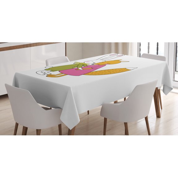 Ambesonne Animal Tablecloth Rectangular Table Cover, Fox and Hare Hugging, 52"x70", Pink Amber Olive Green