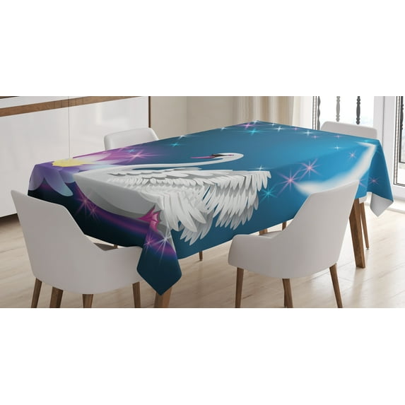 Ambesonne Animal Tablecloth Rectangular Table Cover, Magic Lily White Swan, 60"x84", Blue White