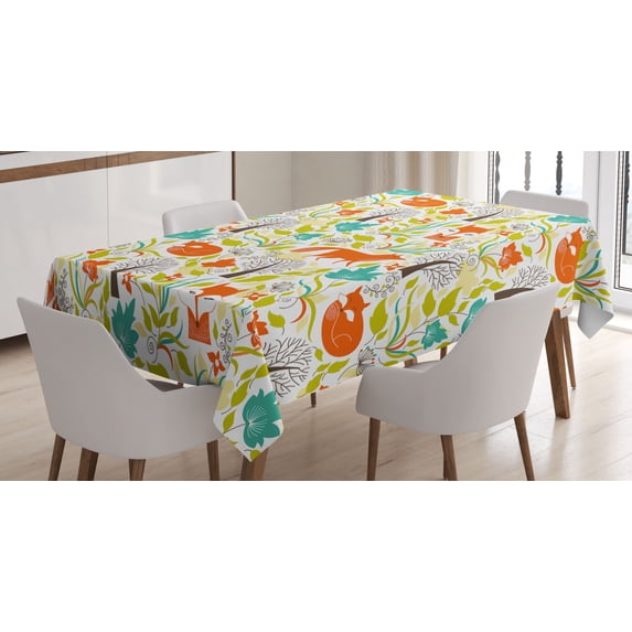 Ambesonne Animal Tablecloth Rectangular Table Cover, Wild Fox Wolf Flower, 60"x90", Orange Green and Blue