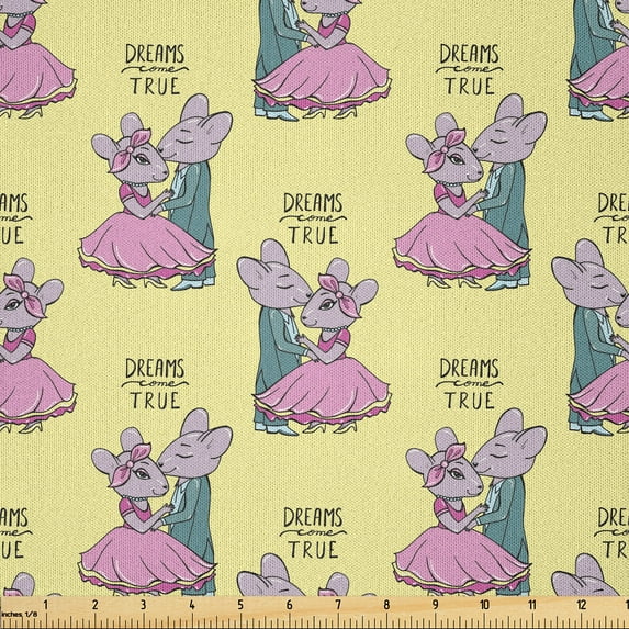 Ambesonne Animal Theme Fabric by the Yard Microfiber, Dancing Mouse Love, 2 Yards, Pastel Yellow Baby Pink