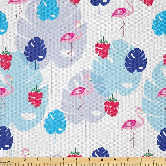 Ambesonne Animal Theme Fabric by the Yard Microfiber, Flamingo with Monstera, 1 Yard, White Pale Blue and Baby Pink
