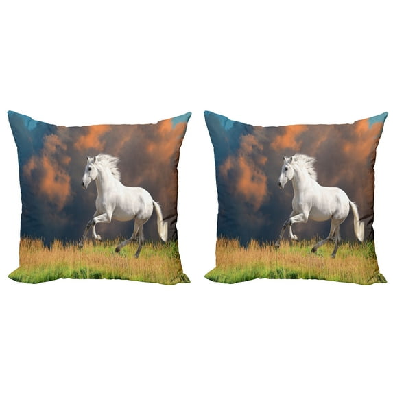 Ambesonne Animal Throw Pillow Cover 2 Pack, Andalusian Horse Dusk, 18", White Orange Green