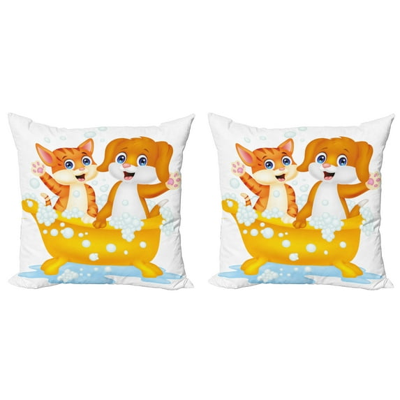 Ambesonne Animal Throw Pillow Cover 2 Pack, Cartoon Cat and Dog Bath, 18", Yellow Brown Blue