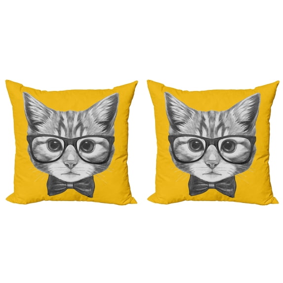 Ambesonne Animal Throw Pillow Cover 2 Pack, Hipster Kitten Cat, 16", Mustard Grey