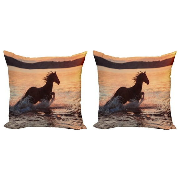 Ambesonne Animal Throw Pillow Cover 2 Pack, Horse Sea at Sunset, 18", Salmon Dark Brown