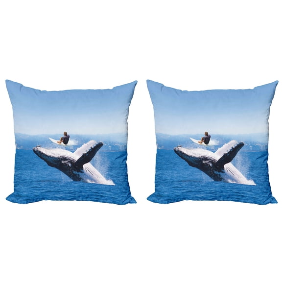 Ambesonne Animal Throw Pillow Cover 2 Pack, Jumphing Dolphin Surfer, 20", Blue White