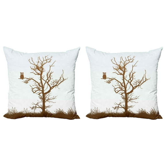 Ambesonne Animal Throw Pillow Cover 2 Pack, Owl Autumn Tree Branch, 16", Chocolate Pale Blue