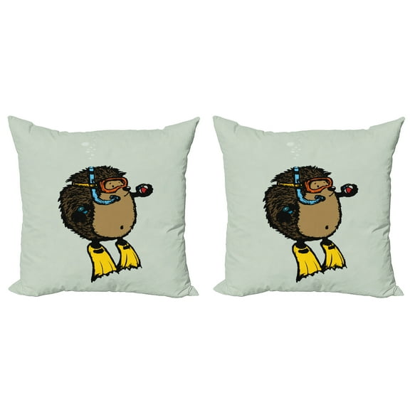 Ambesonne Animal Throw Pillow Cover 2 Pack, Scuba Diver Hedgehog, 18", Pale Blue Yellow