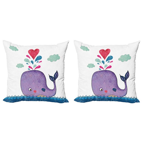 Ambesonne Animal Throw Pillow Cover 2 Pack, Smiling Whale with Cloud, 18", Purple Blue and Red