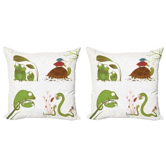 Ambesonne Animal Throw Pillow Cover 2 Pack, Snake Frog Ninja Reptile, 18", Green Brown Red