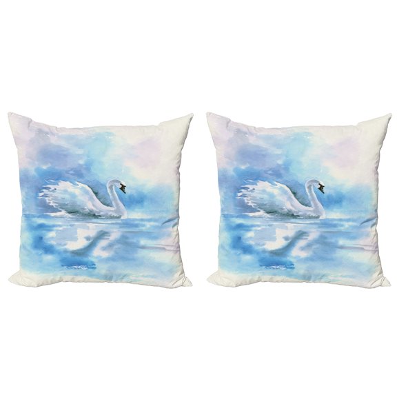 Ambesonne Animal Throw Pillow Cover 2 Pack, Swan in River Art, 20", Blue White