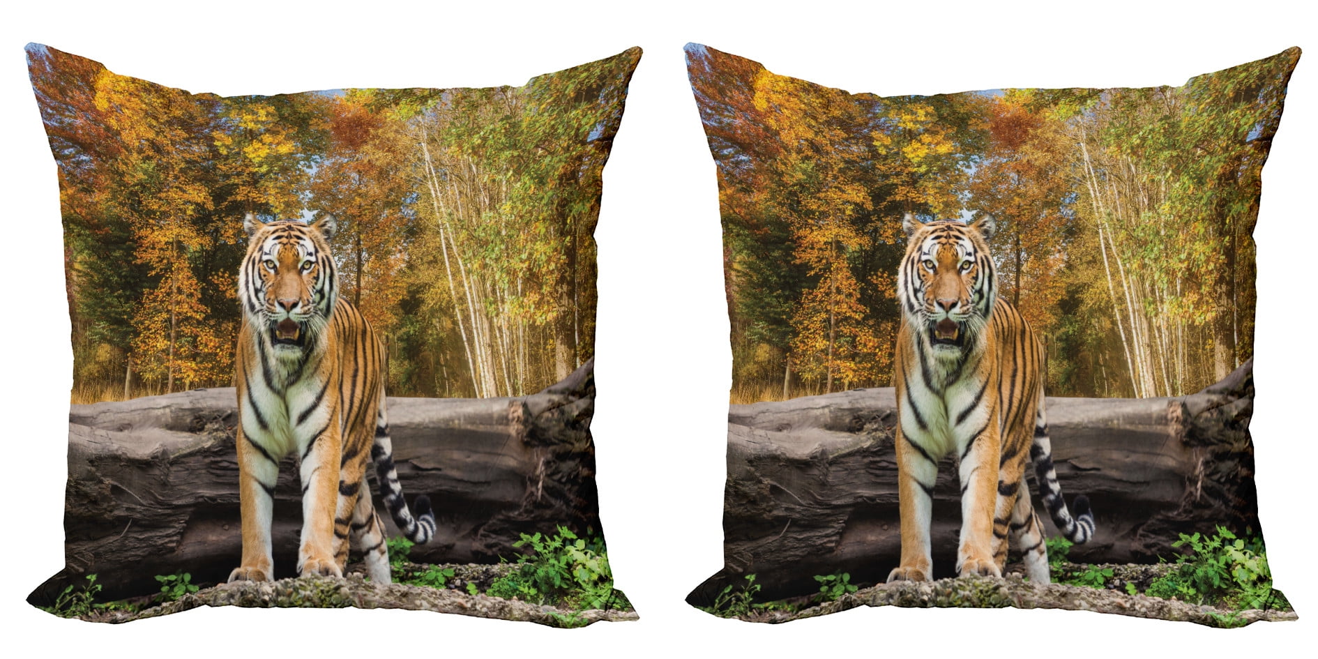 16" Orange and Brown Tiger Forest Microfiber Throw Pillow Set