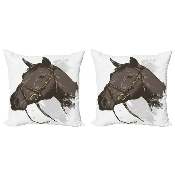 Ambesonne Animal Throw Pillow Cover 2 Pack, Wild Horse Portrait, 18", Brown White