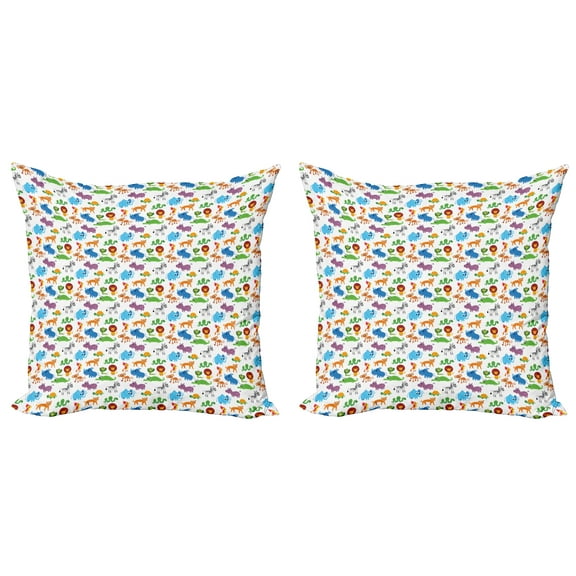 Ambesonne Animal Throw Pillow Cover 2 Pack, Zoo Cartoon Image, 16", Multicolor