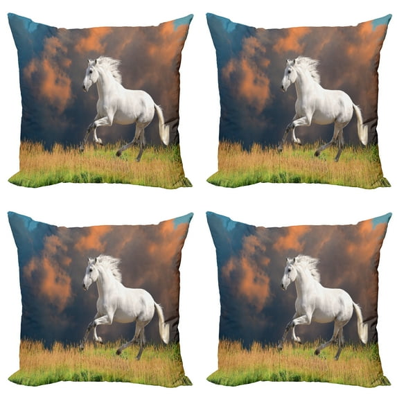 Ambesonne Animal Throw Pillow Cover 4 Pack, Andalusian Horse Dusk, 20", White Orange Green