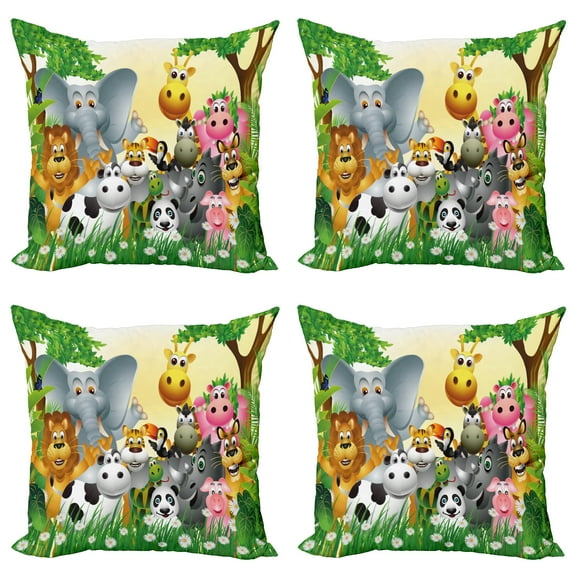 Ambesonne Animal Throw Pillow Cover 4 Pack, Animals Jungle, 18", Multicolor