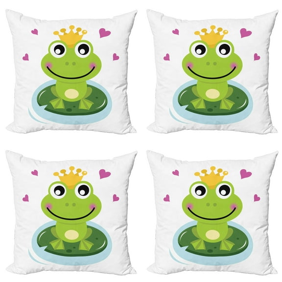 Ambesonne Animal Throw Pillow Cover 4 Pack, Cartoon Frog Prince, 16", Multicolor
