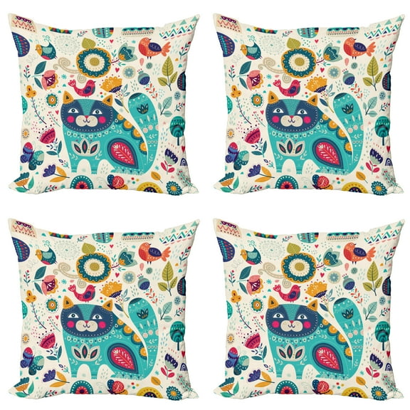 Ambesonne Animal Throw Pillow Cover 4 Pack, Cat with Birds, 18", Multicolor