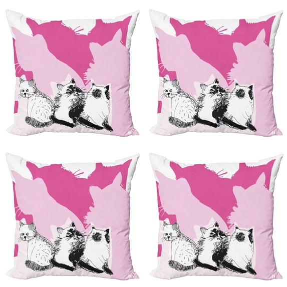 Ambesonne Animal Throw Pillow Cover 4 Pack, Cats Kittens, 18", Pale Pink Hot Pink