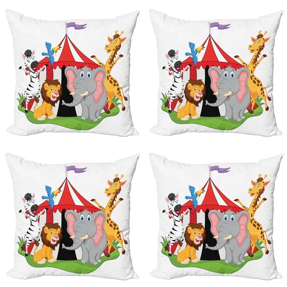 Ambesonne Animal Throw Pillow Cover 4 Pack, Circus Tent Giraffe Mime, 20", Red Green Yellow