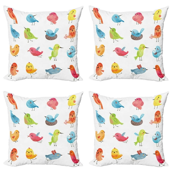 Ambesonne Animal Throw Pillow Cover 4 Pack, Colorful Humor Bird, 24", Multicolor