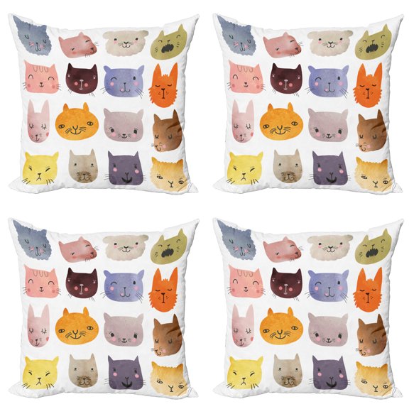 Ambesonne Animal Throw Pillow Cover 4 Pack, Colorful Humor Fun Cat, 18", Multicolor