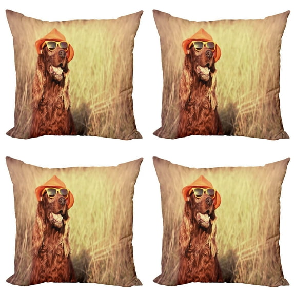 Ambesonne Animal Throw Pillow Cover 4 Pack, Dog Wearing Hat Glasses, 16", Redbrown Tan