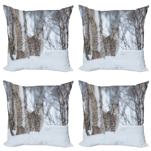 Ambesonne Animal Throw Pillow Cover 4 Pack, European Lynx Wilderness, 20", Pale Brown White