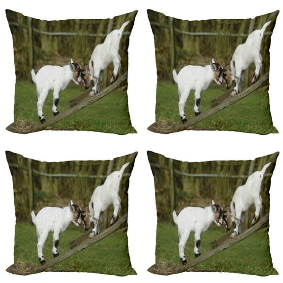 Ambesonne Animal Throw Pillow Cover 4 Pack, Farm Life with Goats, 16", White Green