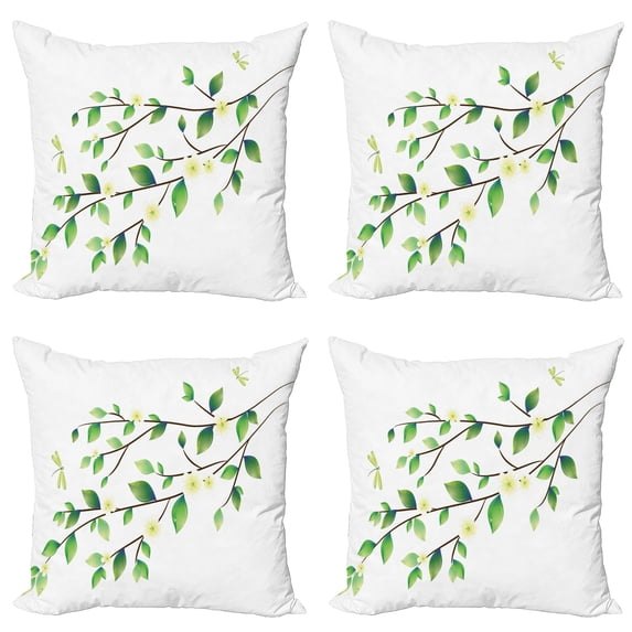 Ambesonne Animal Throw Pillow Cover 4 Pack, Flower and Dragonflies, 18", Green White