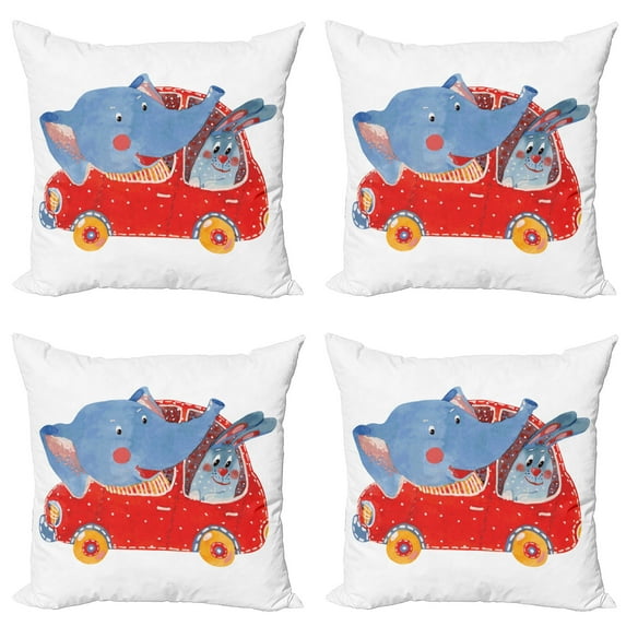 Ambesonne Animal Throw Pillow Cover 4 Pack, Funny Animal in a Car, 16", Blue Red White