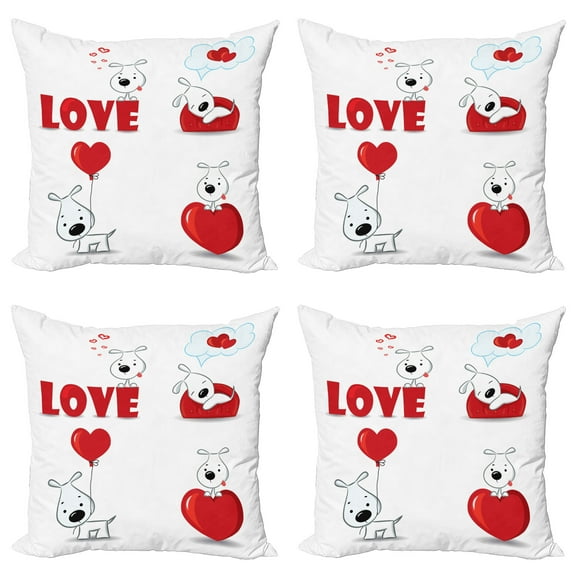 Ambesonne Animal Throw Pillow Cover 4 Pack, Funny Dog with Hearts, 24", Red White