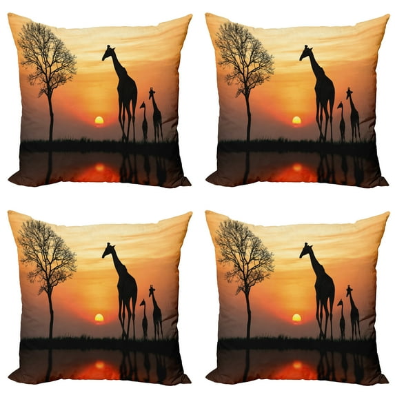 Ambesonne Animal Throw Pillow Cover 4 Pack, Giraffe in Wild Forest, 18", Orange Black